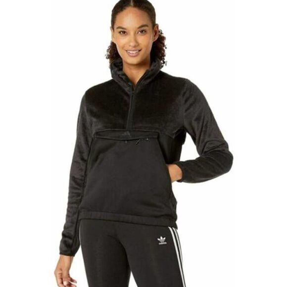 Adidas Fleece Pullover Womens Medium Faux Fur Half Zip Kangaroo Pocket NEW Black - Picture 1 of 9